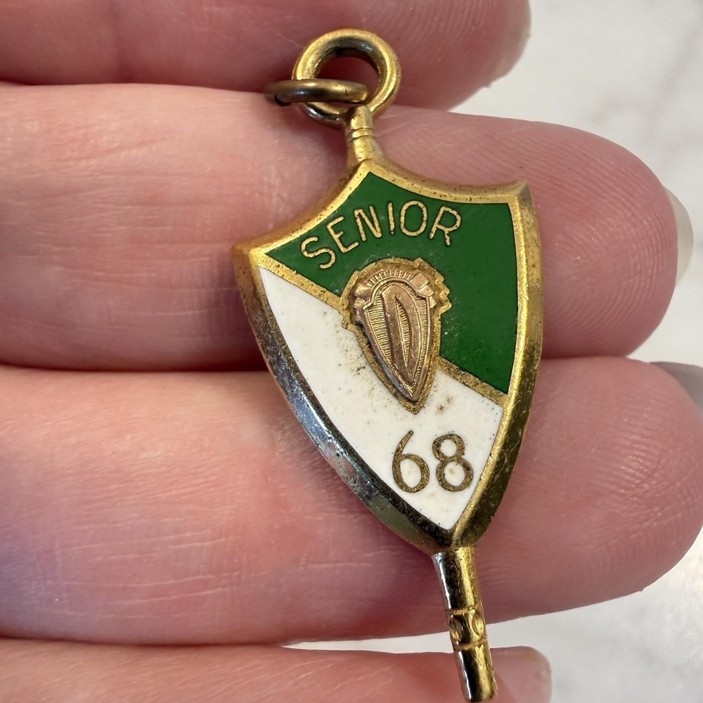 Vintage 1968 Jostens Senior Class 10K Gold Accent Gold Fob Charm Enamel Green